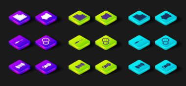 Dikiş ipliğini, fermuarı, Awl aracını, düğmeyi, deri ve desen simgesini ayarla. Vektör