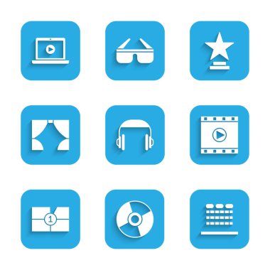 Kulaklıklar, CD veya DVD diski, koltuklu sinema salonu, Play Video, Eski film gerisayımı çerçevesi, Curtain, Movie Cup ve Online video oynatma ikonu. Vektör