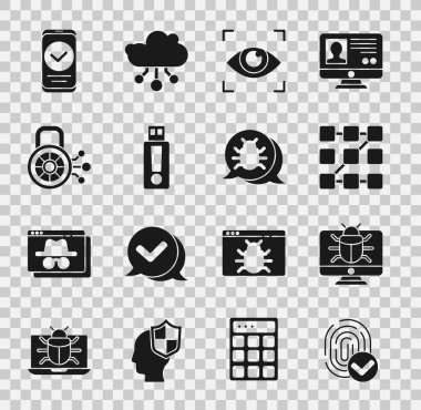 Parmak izini ayarla, sistem hatası monitörde, grafiksel şifre koruması, göz taraması, USB flash disk, Siber güvenlik, akıllı telefon ve simge. Vektör