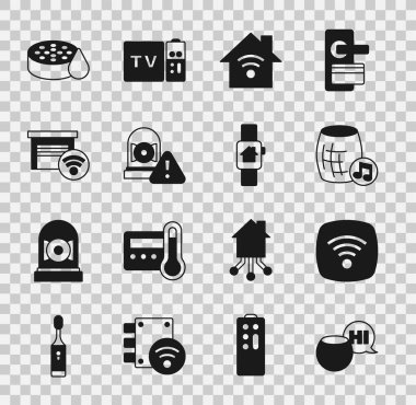 Ses asistanı, kablosuz internet ağı kablosuz ağ kablosuz ağ, kablosuz ağ, alarm zili, garaj, su sensörü ve akıllı saat simgesi ile akıllı ev. Vektör
