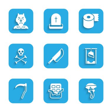 Set Bıçağı, Çikolata Çubuğu, Psilocybin Mantarı, Giyotin, Tırpan, Çapraz Kemiklerdeki Kafatası, Tuvalet kağıdı rulosu ve Krampus, lanet ikon. Vektör