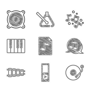MP3 dosya belgesi, müzik çalar, Vinil, not, ton, ksilofon, sentezleyici ve Stereo hoparlör simgesini ayarla. Vektör