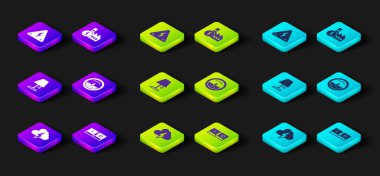 Bulut ve şimşek ayarla, elektrik düğmesi, masa lambası, metre, nükleer enerji santrali ve yüksek voltaj ikonu. Vektör