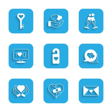 Lütfen kalp, kırık ya da boşanma, Zarflı Sevgililer Günü, Kalp konuşma balonu, el, seni seviyorum konuşma metni, bir bardak şampanya ve anahtar şekli ikonu ile rahatsız etmeyin. Vektör