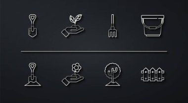 Kürek, kürek, toprak, kova, ağaç, el ele tutuşan çiçek, çevrenin bitki eli, bahçe çiti ahşabı ve tırmık ikonu. Vektör