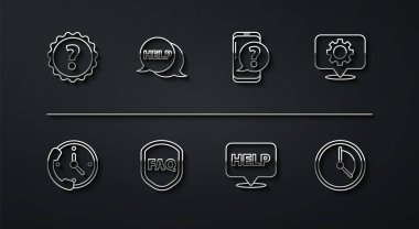 Satır soru işareti, Telefon 24 saat desteği, teçhizatlı konum, konuşma balonu mesajı yardımı, Shield FAQ, Zaman Yönetimi ve Mobil Soru simgesi. Vektör