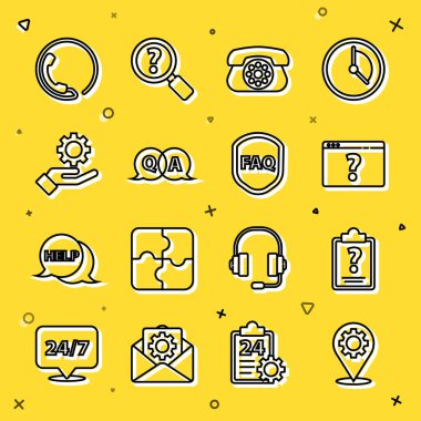 Satır konumunu teçhizat, Pano soru işaretleri, Tarayıcı, Telefon, Sorgu ve Yanıt, elimde ayarlar, 24 saatlik destek ve Shield metin SSS simgesi ile ayarla. Vektör