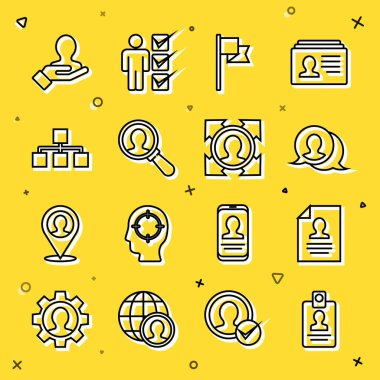 Satır tanımlama rozeti, Özgeçmiş, konuşma balonu sohbeti, yer belirleyici, arama için büyüteç, Hiyerarşi organizasyon şeması, El İnsanları ve kafa avlama ikonu. Vektör