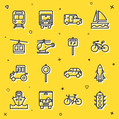 Trafik ışığını, motorlu roket gemisini, bisikleti, Minibus 'u, helikopteri, teleferiği, tren ve tren yolunu ve trafik levhası ikonunu ayarlayın. Vektör