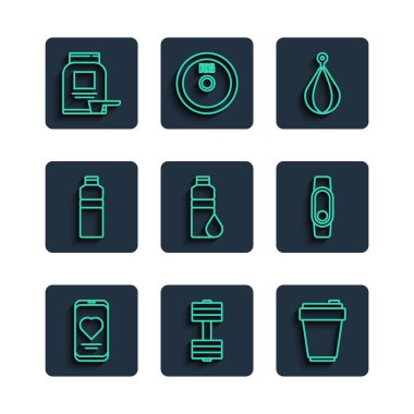 Kalp atış hızı, Dumbbell, fitness karıştırıcı, kum torbası, spor beslenme ve Smartwatch ikonu olan bir hat ayarla. Vektör