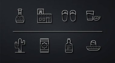 Tekila şişesi, kaktüs, limonlu bardak, Meksika halısı, ev, sombrero ve parmak arası terlik ikonu. Vektör