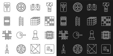 Çizgi Bingo, hokey masası, dama masası, satranç saati, Mahjong taşları, tavla tahtası ve Rubik küp simgesi. Vektör
