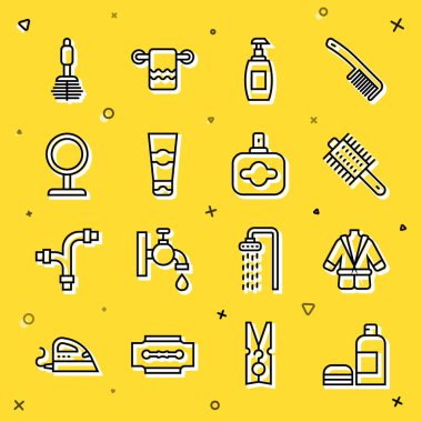 Şişe şampuan, bornoz, saç fırçası, sıvı sabun, tüp diş macunu, yuvarlak makyaj aynası, tuvalet ve parfüm ikonu. Vektör