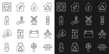 Hat hattı güneş enerjisi paneli, elektrik kulesi, pil, su, fabrika, elektrik prizi ve rüzgar türbini ikonu. Vektör