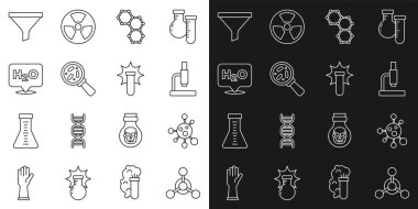 Molekül, mikroskop, kimyasal formül büyüteç, H2O, Huni filtresi ve patlama ikonu altında mikroorganizmalar. Vektör