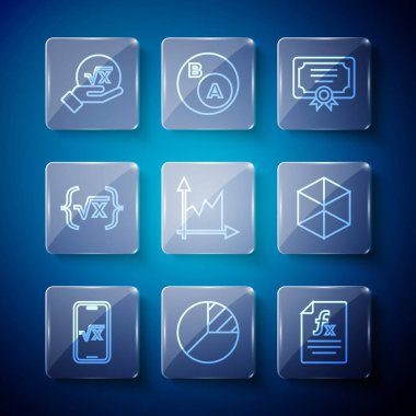 Satır kök x glifini, turta grafiğini, fonksiyon matematiksel sembolünü, sertifika şablonunu, grafiğini, çizelgesini, diyagramını ve geometrik şekil küp simgesini ayarlayın. Vektör