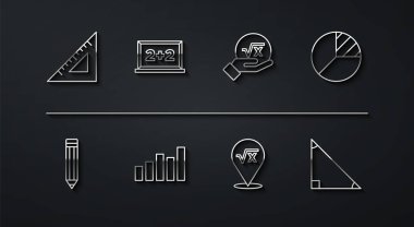 Satır üçgen cetvel, kalem, pasta grafiği, x kabartmasının kare kökü, çizelge, çizelge, diyagram, halka tahtası, üçgen matematik ve ikon. Vektör