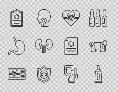Kardiyogram, merhem kremi, kalp atışı, hayat sigortası eli, klinik kayıt, insan böbrekleri, serum torbası ve tansiyon ikonu olan bir hat ayarla. Vektör