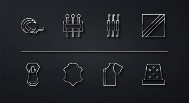 İplik topu, fermuar, kumaş rulosu, dikiş deseni, deri, dikiş için iğne, Thimble ve tığ işi kanca ikonu. Vektör