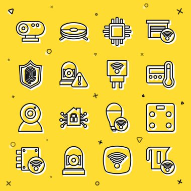 Akıllı elektrikli su ısıtıcısı, banyo terazisi, termostat, işlemcili işlemci alarm zili, parmak izi, web kamerası ve fiş ikonu. Vektör