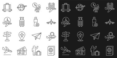 Pasaport, uçak araması, uçak, insan havaalanı terminalinde bekliyor, bavul, uçuş zamanı, bavullu taşıma bandı ve su şişesi simgesi yok. Vektör