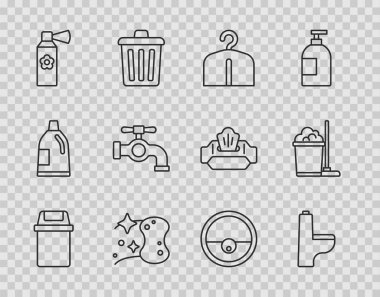 Çöp tenekesi, klozet, askı dolabı, sünger, oda spreyi şişesi, su musluğu, elektrikli süpürge, süpürge ve kova ikonu. Vektör