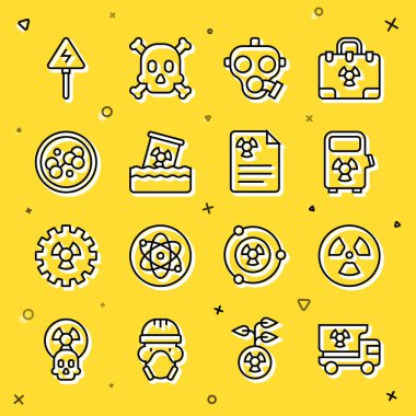 Radyasyon malzemeleri, radyoaktif, elektrikli araba şarj istasyonu, gaz maskesi, atık varil, molekül, yüksek voltaj işareti ve Radyasyon uyarı belgesi ikonu olan bir hat ayarla. Vektör