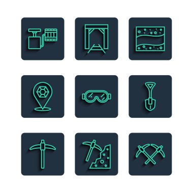 Çizgi kazma, altın madeni, güvenlik gözlüğü, mücevher taşı, fünye ve kürek ikonu. Vektör