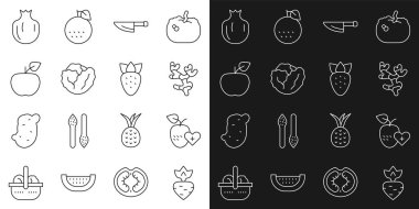 Şalgam, sağlıklı meyve, zencefil kökü, bıçak, lahana, elma, nar ve çilek ikonu. Vektör