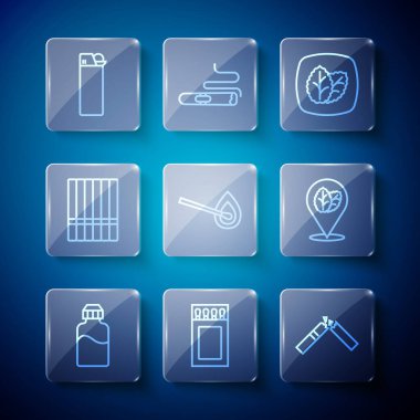 Vape sıvı şişesi, kibrit kutusu ve kibrit kutusu, kırık sigara, tütün yaprağı, ateşle yanma, sigara, çakmak ve ikon. Vektör