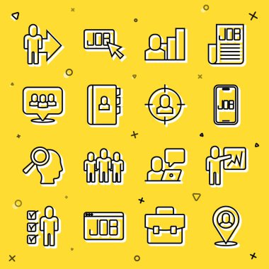 İşçi Hattı 'nın yeri, yöneticilerin lideri, Arama işi, Üretici İnsan, Özgeçmiş, Proje Üssü ve Kafa Avcılığı ikonu. Vektör