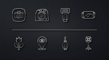 Fotoğraf makinesi, mod makro, çerçeve, toz üfleyici, stüdyo ampulü softbox ve flaş ikonunda ayarla. Vektör