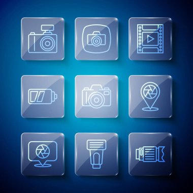 Hat kepengi, fotoğraf makinesi flaşı, fotoğraf objektifi, film rulo kartuşu, pil ve simge için ayarla. Vektör