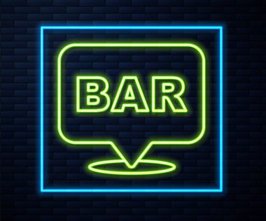 Parlayan neon hattı Alkol veya bira barının bulunduğu ikon tuğla duvar arkasında izole edilmiş. İçki, bar, kulüp ve barın sembolü. Vektör.
