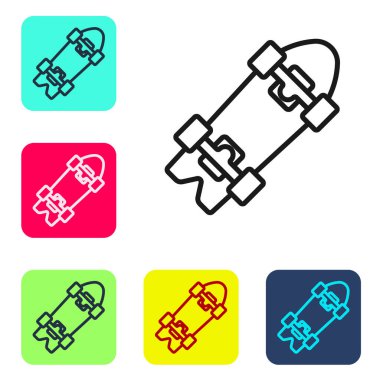 Siyah hat Longboard veya kaykay kruvazörü simgesi beyaz arka planda izole edildi. Olağanüstü bir spor. Spor malzemeleri. Renkli kare düğmelerle simgeleri ayarla. Vektör