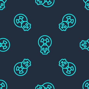 Yeşil çizgi radyoaktif simge mavi arkaplanda izole edilmiş kusursuz desen. Radyoaktif zehirli sembol. Radyasyon tehlikesi işareti. Vektör