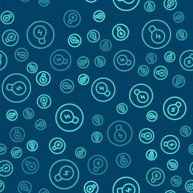 Fikir ikonu kavramına sahip yeşil çizgi ampulü mavi arkaplanda izole edilmiş pürüzsüz desen. Enerji ve fikir sembolü. İlham konsepti. Vektör