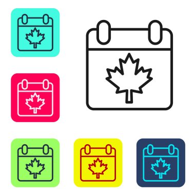 Beyaz arka planda siyah çizgi Kanada günü akçaağaç yaprağı ikonu izole edildi. 1 Temmuz Bağımsızlık Günü Kanada bayrağıyla takvimde. Renkli kare düğmelerle simgeleri ayarla. Vektör