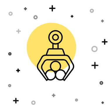 Siyah çizgili vinç beyaz arkaplanda izole edilmiş bir kütük simgesi yakaladı. Orman endüstrisi. Kereste gövdesi ahşap üretimi için endüstriyel vinç. Rastgele dinamik şekiller. Vektör