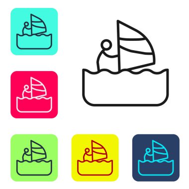 Siyah çizgi Windsurfing simgesi beyaz arkaplanda izole edildi. Renkli kare düğmelerle simgeleri ayarla. Vektör