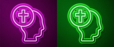 Parlayan neon hattı rahip simgesi mor ve yeşil arka planda izole edildi. Vektör