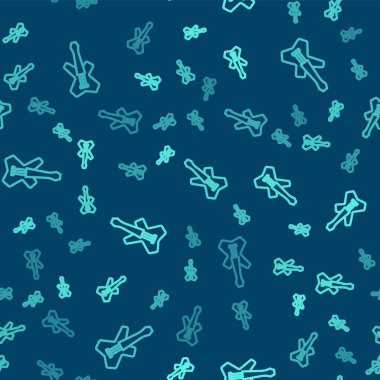 Yeşil çizgi elektro gitar ikonu mavi arkaplanda kusursuz desen izole etti. Vektör