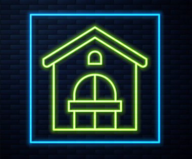 Parlayan neon hattı çiftlik evi simgesi tuğla duvar arka planında izole edilmiş. Vektör