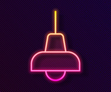 Parlayan neon hattı lambanın asılı ikonu siyah arkaplanda izole edildi. Tavan lambası ampulü. Vektör