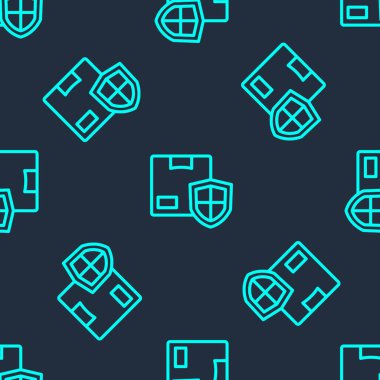 Yeşil Hat Teslimat Güvenliği, mavi arka planda izole edilmiş ikon, kusursuz desen. Teslimat sigortası. Kalkanın ötesinde sigorta kutuları var. Vektör