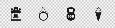 Bilet gişesi, Circus ateş çemberi, Waffle konisi ikonunda ağırlık ve dondurma ayarla. Vektör