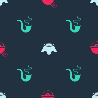 Elektrikli testere, ağaç kütüğü ve tüten pipoyu pürüzsüz desene ayarlayın. Vektör