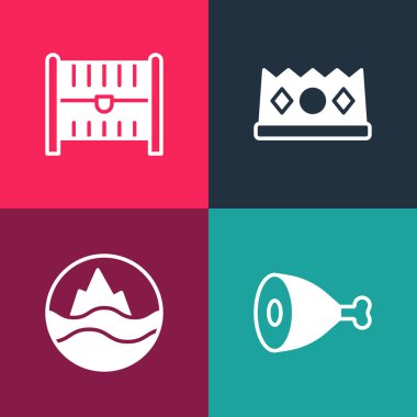 Popüler sanat eserleri, tavuk bacağı, deniz ve dalgalar, kral tacı ve antika hazine sandığı ikonu. Vektör