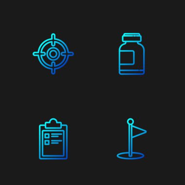 Çizgi golf bayrağı, spor eğitim programı, hedef spor ve spor beslenme. Renk simgeleri. Vektör