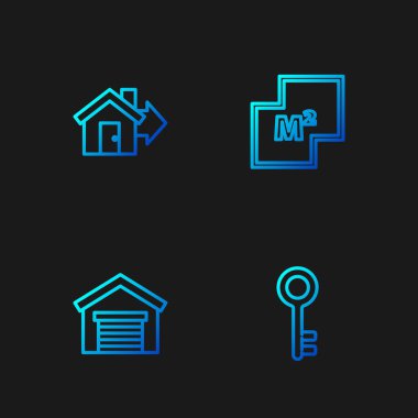 Ev anahtarı, garaj, indirimli ev ve plan. Renk simgeleri. Vektör